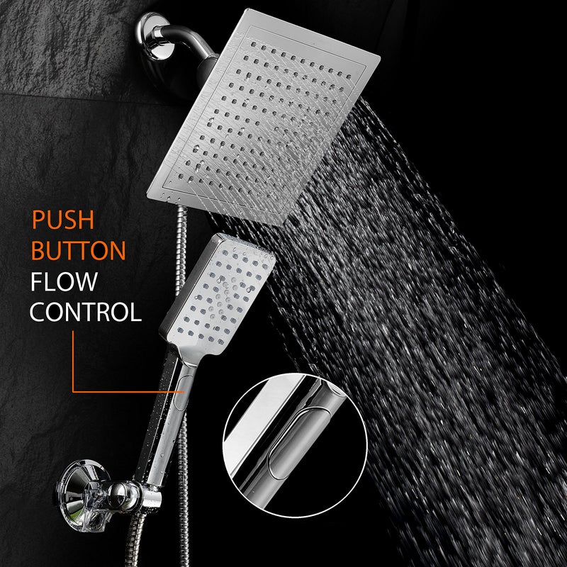 Dream Spa Hotel Spa Ultra-Luxury 9" Square Rainfall Shower Head / Handheld Combo. Convenient Push-Button Flow Control for easy one-hand operation. Switch flow settings with same hand! Premium Chrome. - Image 2